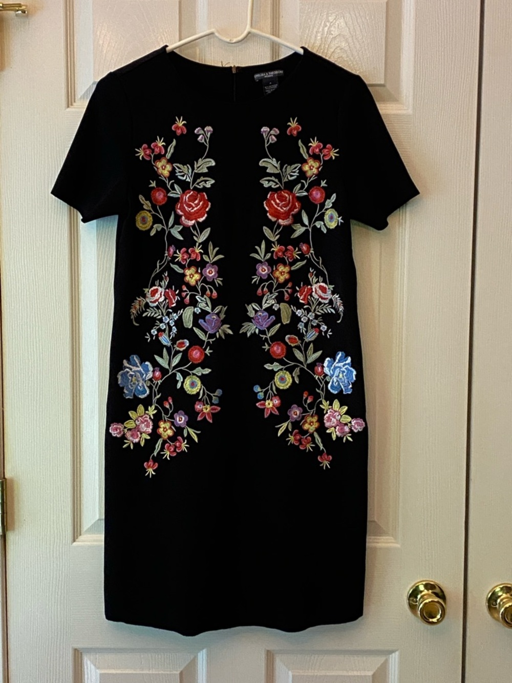 Chelsea & Theodore Black Mini Dress with Multicolor Floral Embroidery